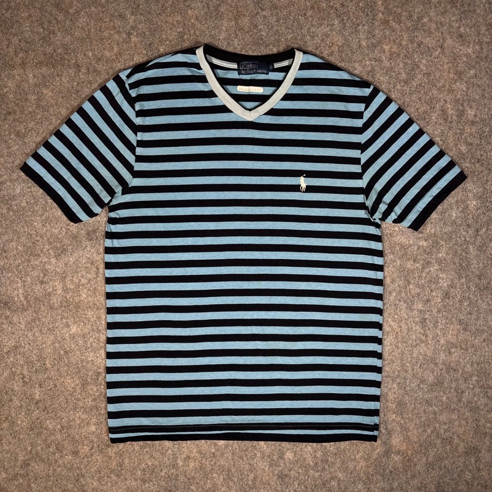 VTG Polo Ralph Lauren T-Shirt‎ Mens XL Blue Black Striped cotton V-Neck S/S
